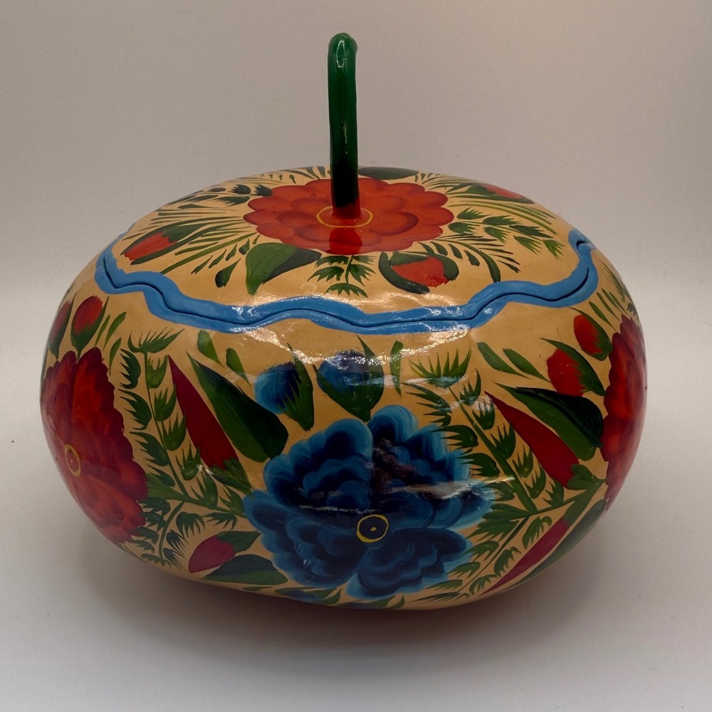 Hand Painted Folk Art Floral Gourd Lidded Container Yellow Red Blue 6.5 inch